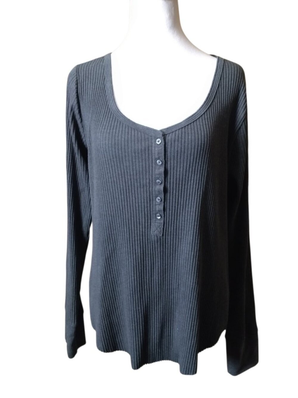 Aerie Women's XL Gray Ribbed Henley Long Sleeve Classic Athleisure Pullover
